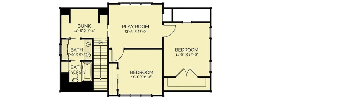 Second level floor plan with two bedrooms, a full bath, a playroom, and a bunk room.