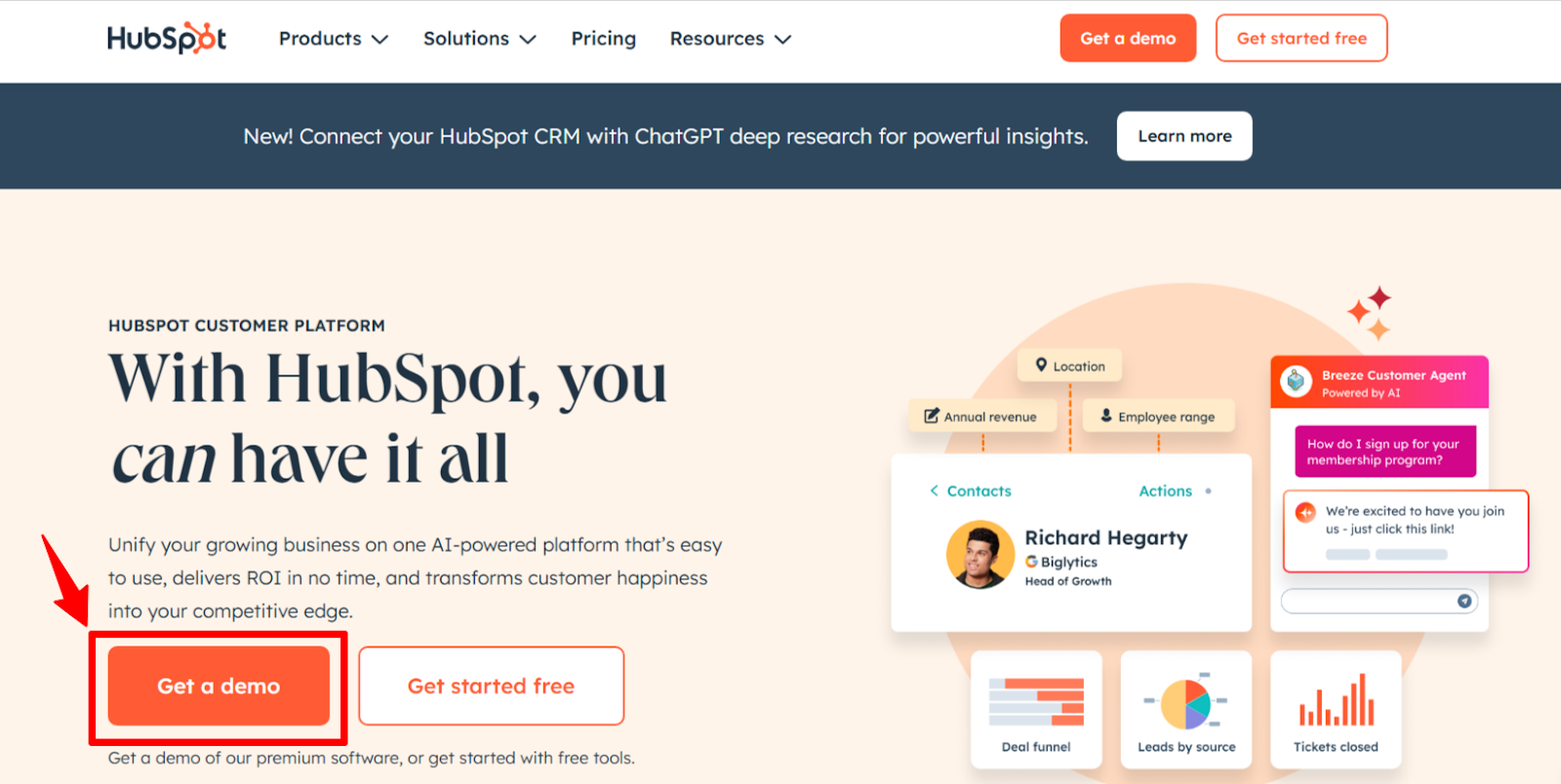 HubSpot webpage featuring the slogan 'With HubSpot, you can have it all.' Includes demo and free trial buttons. A sidebar shows AI-powered customer agent interactions and analytics widgets.