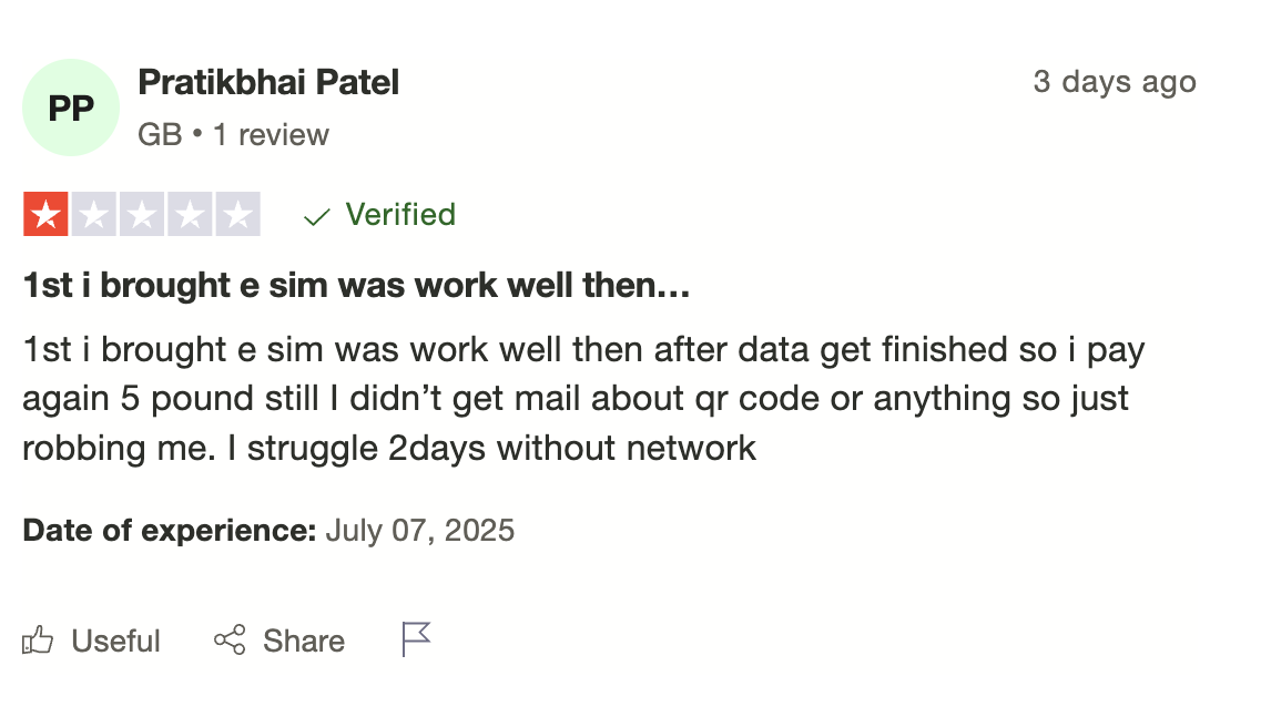 breeze esim negative customer review