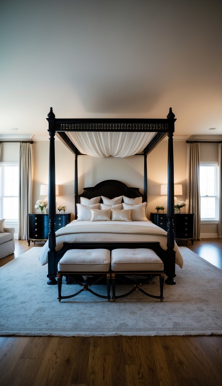 A luxurious canopy bed in a spacious master bedroom, adorned with soft linens and surrounded by elegant decor