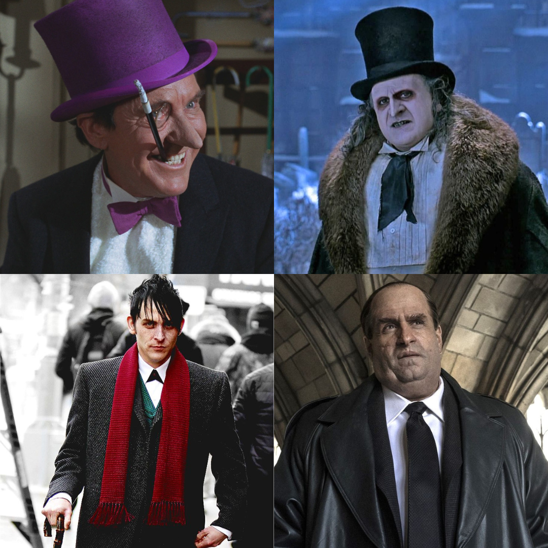 Top left: Burgess Meredith in Batman: The Movie (1966). Top right: Danny DeVito in Batman Returns (1992). Bottom left: Robin Lord Taylor in Gotham (2014-2022). Bottom right: Colin Farrell in The Penguin (2024). (DC)