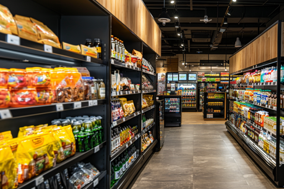 Interior of a modern retail store with neatly organized shelves displaying various food and beverage products.