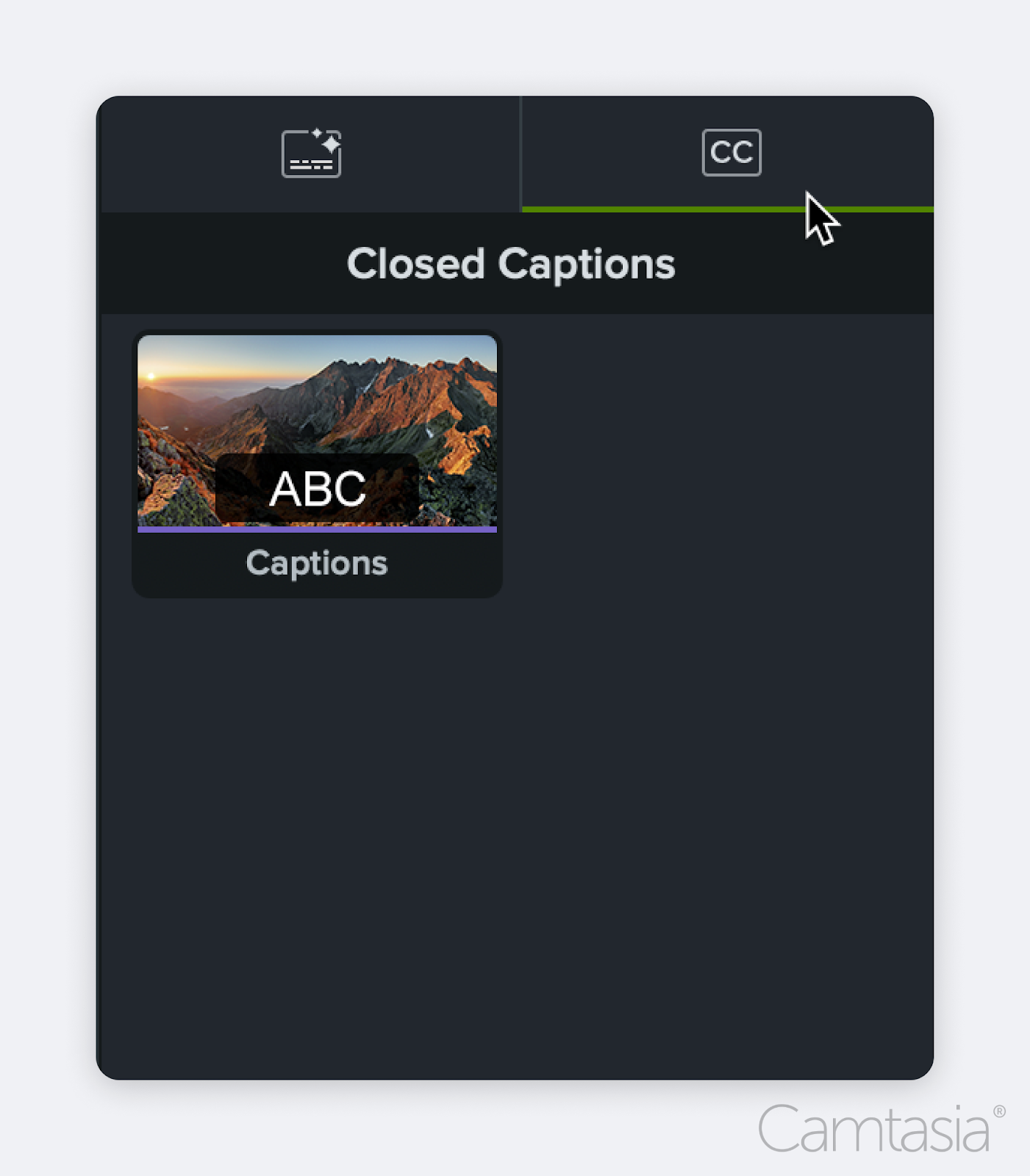 The closed captions panel in Camtasia