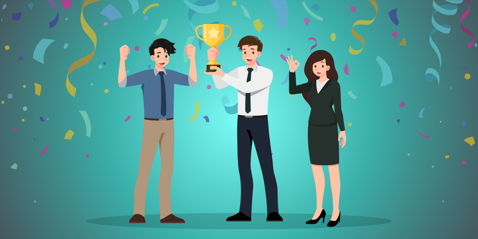 A business team celebrates by raising a trophy, symbolizing their collective achievements and the ongoing drive to pursue new and upcoming goals.