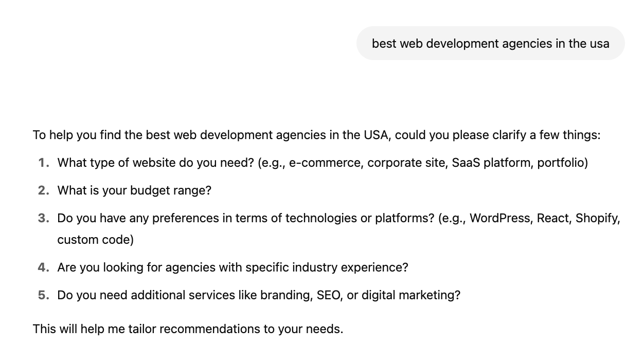A ChatGPT response for best web development agencies in the USA