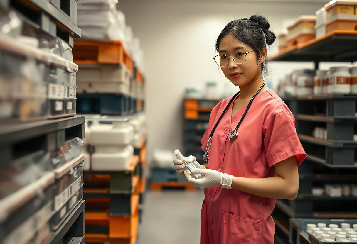 Profesional de salud en almacén farmacéutico, rodeada de tarimas plásticas organizadas, aplicando buenas prácticas de gestión de tarimas]