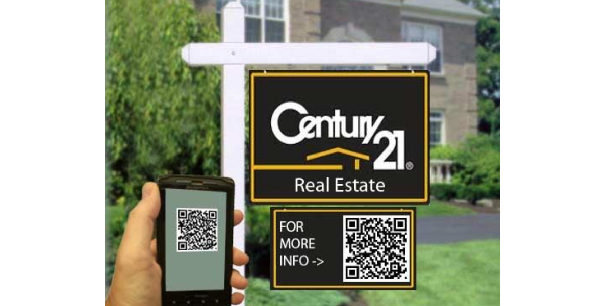 A phone scanning a QR Code on a front yard of a home.