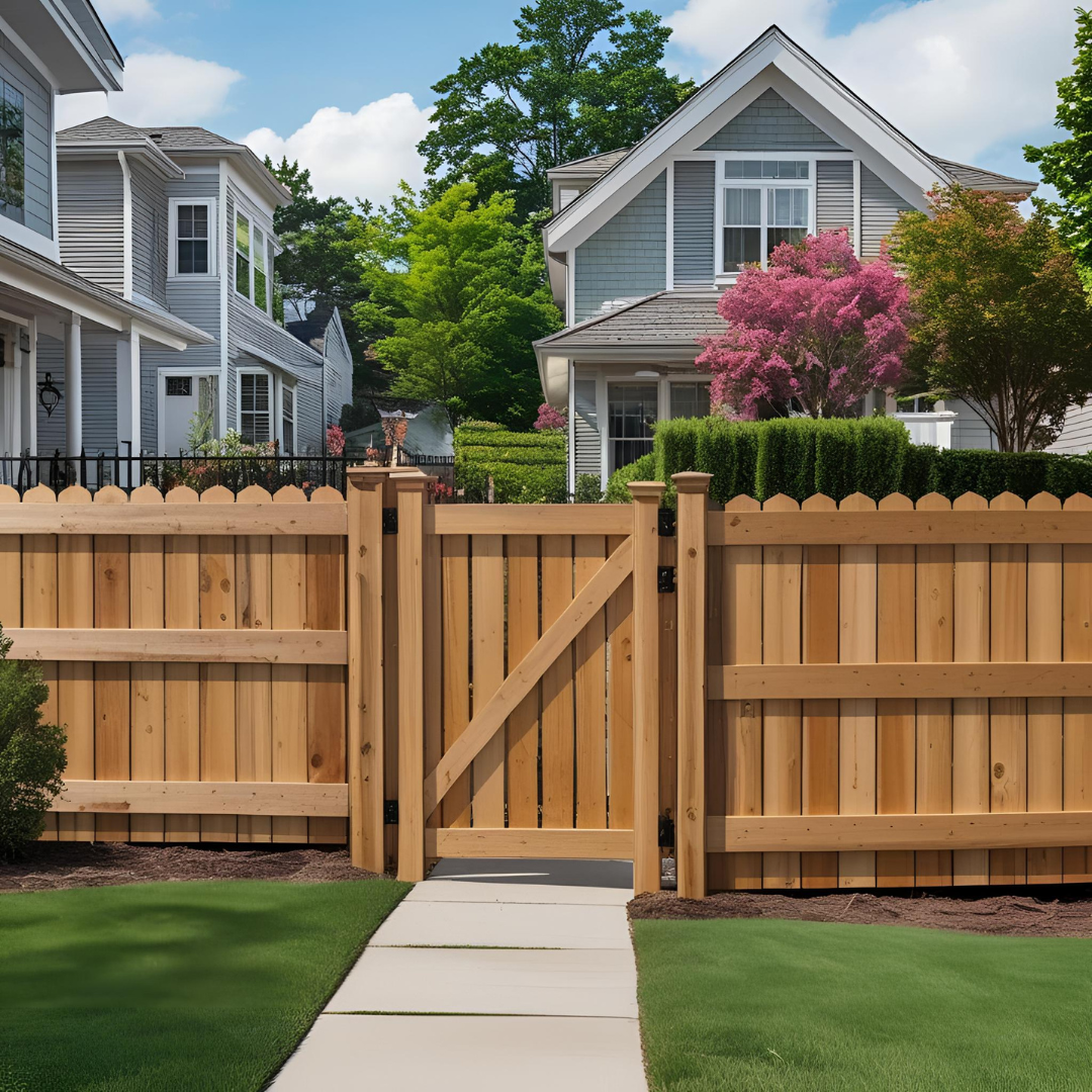  A well-maintained inexpensive yard fence made of vertical wooden planks with decorative posts, installed alongside a modern suburban home and a clean concrete sidewalk.