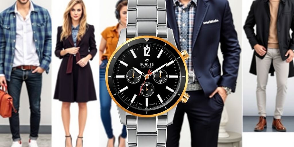 Stylish watch with trendy outfits in a fashionable setting.