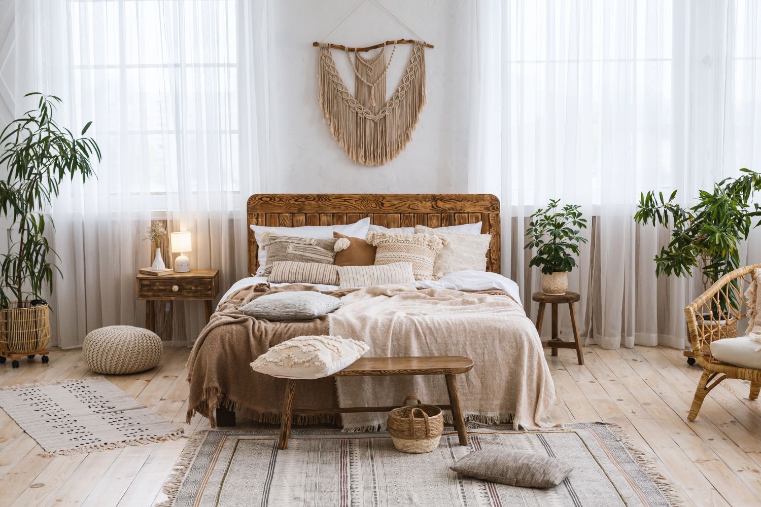 cozy bedroom with sheer curtains, macrame wall art, and rugs