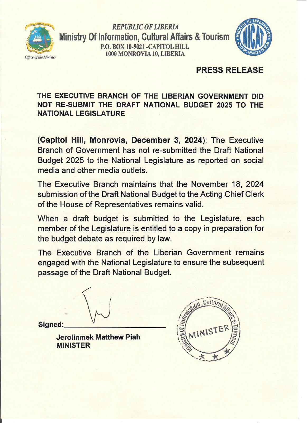Liberia’s Finance Ministry did not resubmit the country’s national budget