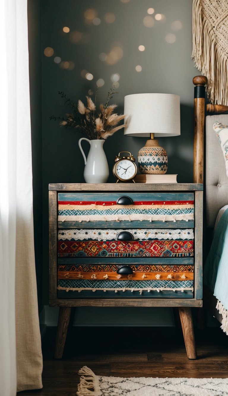 A rustic nightstand with eclectic boho decor in a cozy bedroom