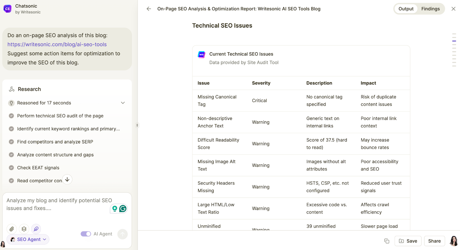 On-page SEO analysis using Writesonic SEO AI agent