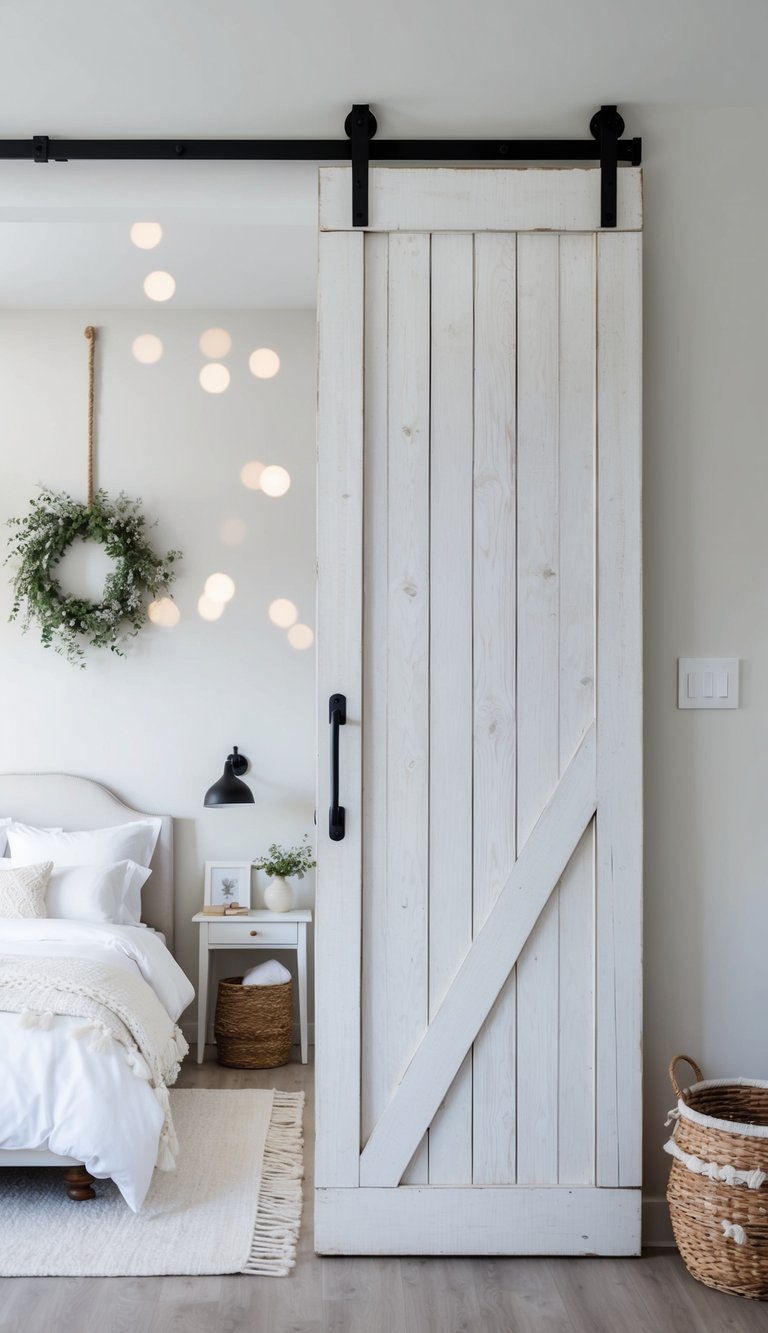 A rustic white barn door stands as the focal point in a serene, minimalist bedroom adorned with 24 white decor ideas