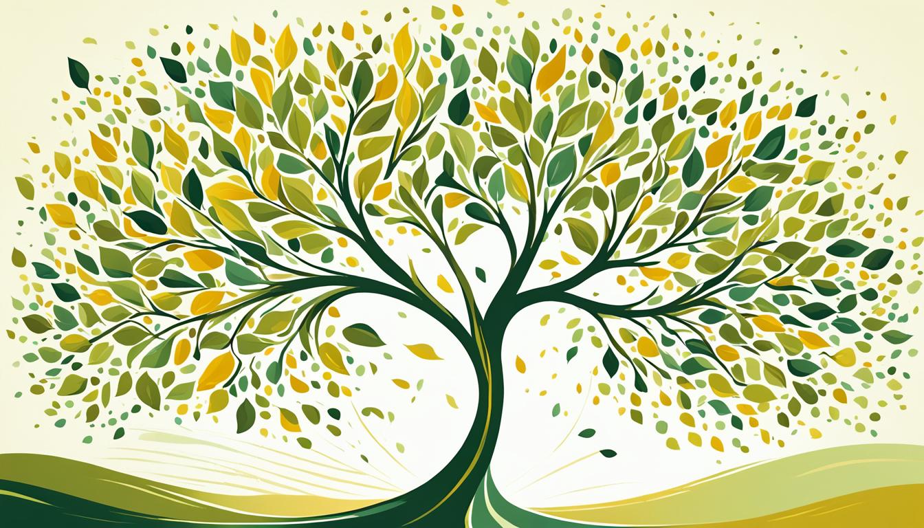 A tree releasing its leaves into the wind, symbolizing the act of letting go and trusting in the natural flow of life. The leaves should be depicted in various stages of detachment, some still clinging to the branches while others float away on the breeze. The colors used should evoke a sense of warmth and calm, with muted greens, yellows, and browns dominating the palette. The trunk and branches of the tree should be strong and sturdy, representing the foundation of inner strength needed to release attachments.