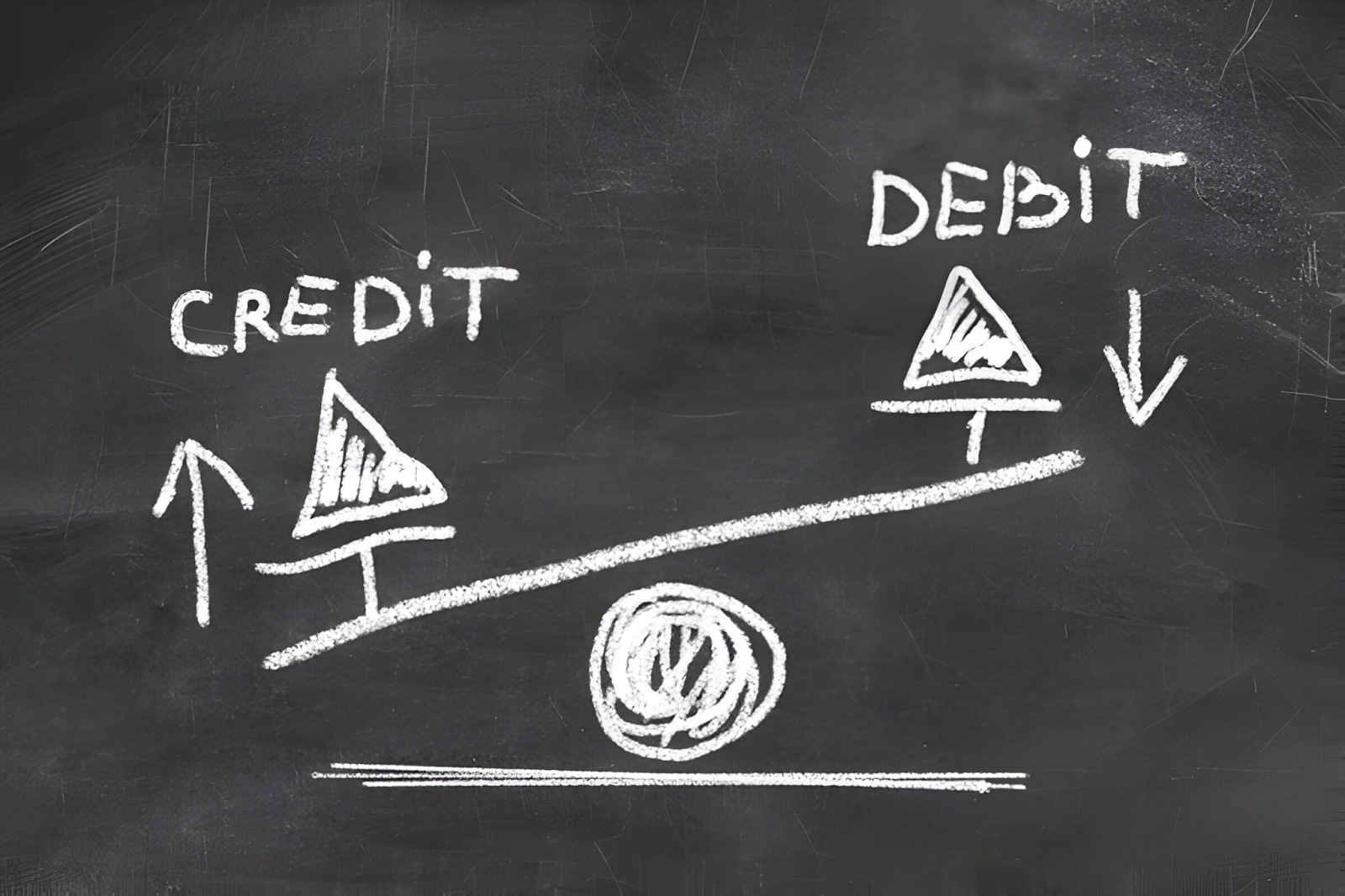 Chalk drawing representing the balance between debit and credit in double entry bookkeeping system on a blackboard.