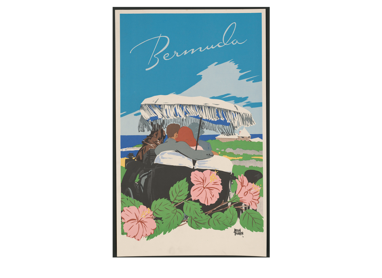 A vintage travel poster for Bermuda showing a couple on a beach