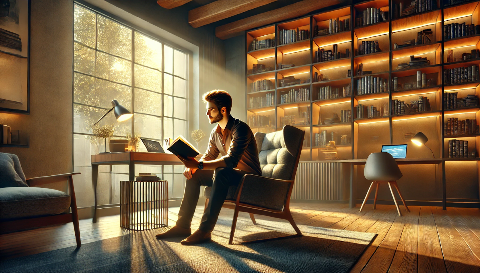 Man reading a book in a cozy library with warm lighting.