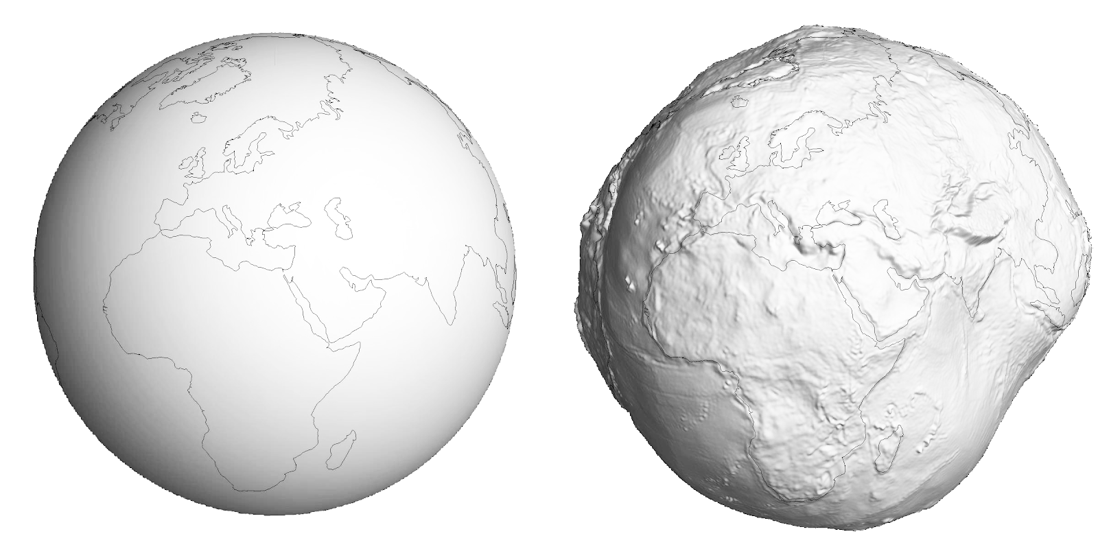 Dos representaciones esquemáticas de la Tierra. A la izquierda, tal y como se vería a simple vista desde el espacio. A la derecha, con las irregularidades que se desvían de la esfera aumentadas en un factor 10000.