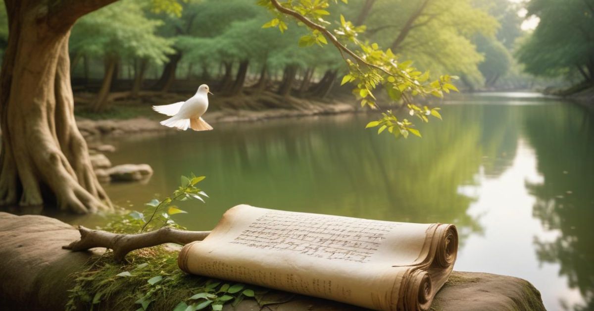 An artistic depiction of "Roots of Gentleness" featuring a Chinese book, trees, a river, and birds in harmony.
