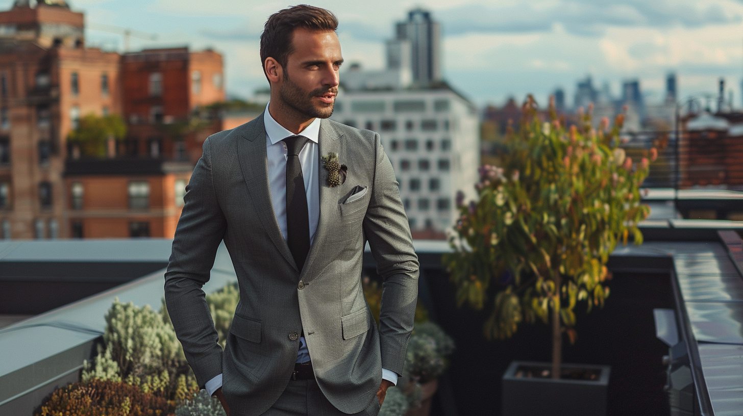 Man in a slim-fit suit, tailored close to the body for a sharp silhouette, youthful and trendy style, urban or modern rooftop wedding setting.