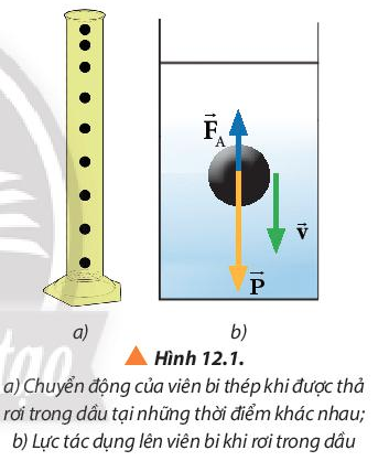 BÀI 12 CHUYỂN ĐỘNG CỦA VẬT TRONG CHẤT LƯUMở rộng: Trong thực tế, mọi vật rơi luôn chịu lực cản của không khí. Với vật nặng kích thước nhỏ (ví dụ viên bi thép), lực cản này có độ lớn không đáng kể và có thể bỏ qua. Nhưng với các vật kích thước lớn (ví dụ dù lượn), lực cản của không khí có độ lớn đáng kể. Khi này, chuyển động của vật rơi có những tính chất gì?Đáp án chuẩn: Khi lực cản của không khí có độ lớn đáng kể thì vận tốc của vật rơi bị giảm, vật rơi chậm lại.1. Chuyển động rơi của vậtCâu 1: Dựa vào đồ thị Hình 12.2, phân tích tính chất chuyển động của vật trong những khoảng thời gian: từ 0 – t1, t1 – t2 và từ thời điểm t2 trở đi.Đáp án chuẩn: Khoảng thời gian từ 0- t1 : chuyển động nhanh dần đềuKhoảng thời gian từ t1-t2 : chuyển động nhanh dần không đềuKhoảng thời gian từ t2 trở đi : chuyển động đều với tốc độ giới hạn không đổi.Câu 2: Quan sát hình 12.1 vẽ vectơ lực cản của dầu tác dụng lên viên bi và mô tả chuyển động của viên bi khi được thả không vận tốc đầu vào dầuĐáp án chuẩn:  Mô tả:+ Ở ngoài không khí, thả không vận tốc đầu, viên bi chuyển động thẳng nhanh dần đều.+ Di vào trong dầu, viên bi chuyển động chậm lại, và chuyển động đềuCâu 3: Quan sát Hình 12.3, mô tả chuyển động của vận động viên nhảy dù từ khi bắt đầu nhảy khỏi máy bay đến khi chạm đất. Phân tích lực tác dụng lên dù trong từng giai đoạn chuyển động.Đáp án chuẩn: + Ban đầu mới nhảy khỏi máy bay, khi chưa bung dù, trọng lực lớn hơn lực cản của không khí nên vận động viên sẽ rơi nhanh dần+ Sau khi chuyển động ổn định thì vận động viên bắt đầu bung dù, lực cản của không khí bằng trọng lực nên chuyển động của vận động viên đều và đáp xuống đất.Câu 4: Tìm hiểu một số biện pháp thực tiễn giúp giảm lực cản của nước lên cơ thể khi chúng ta bơi.Đáp án chuẩn: + Giữ thăng bằng cơ thể khi bơi+ Đội mũ bơi và kính bơi, giảm ma sát này bằng silicone.+ Giữ các ngón chân về phía sau để giảm lực cản.2.Sự phụ thuộc của lực cản không khí vào hình dạng vật