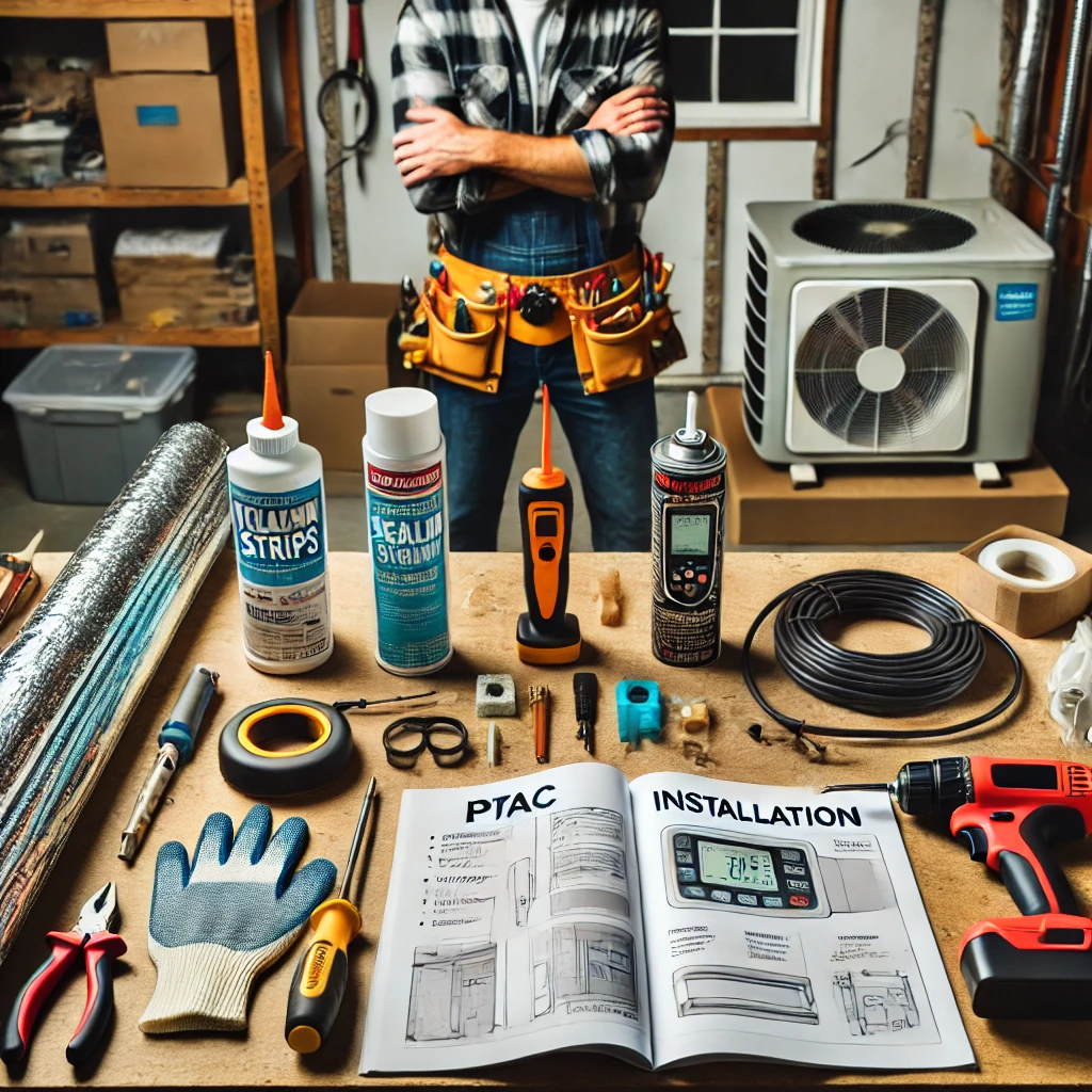 Organized workspace showing safety gear, tools, and materials laid out for DIY PTAC install.