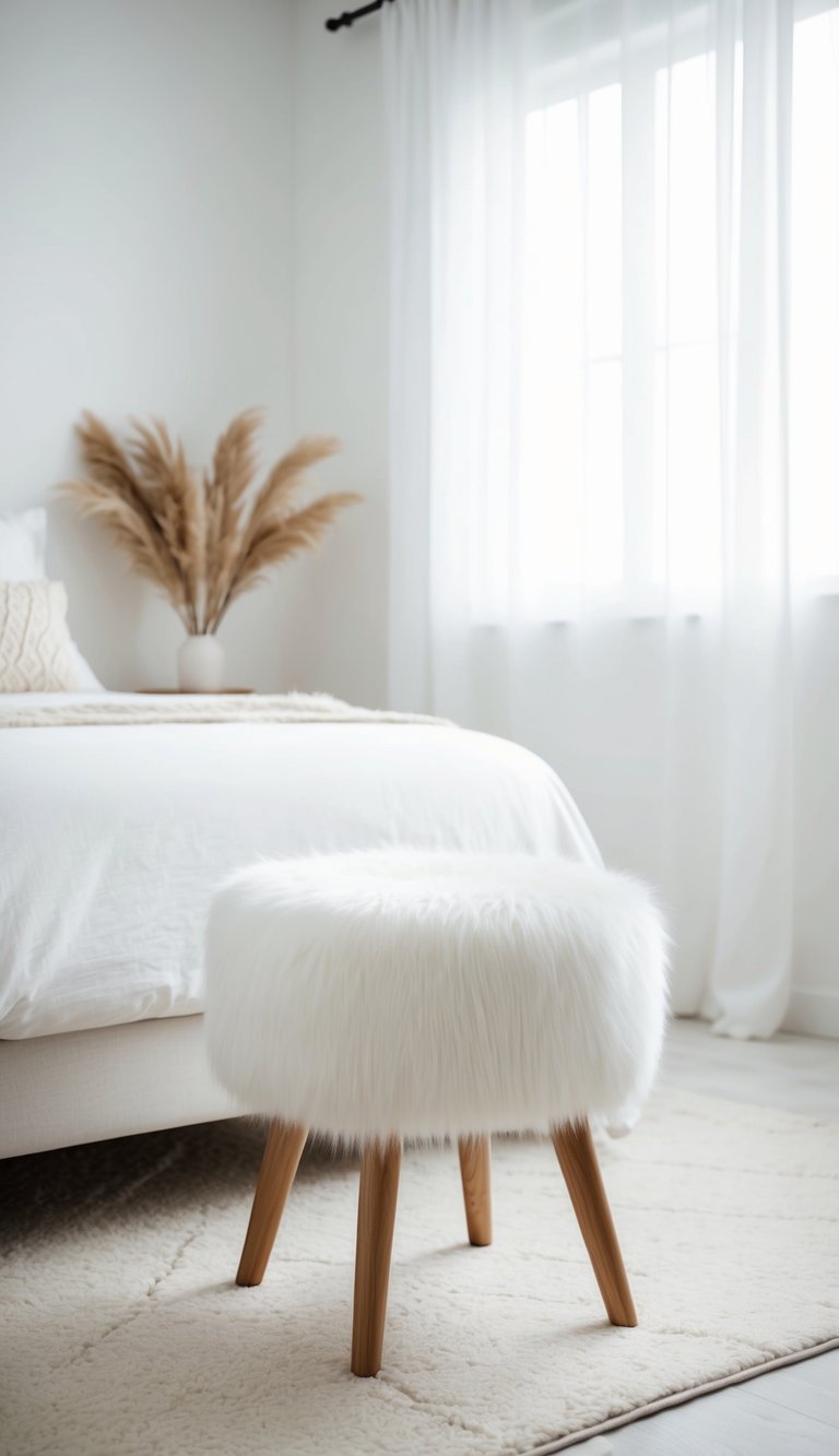 A white faux fur stool sits in a serene white bedroom with minimalist decor and soft natural lighting