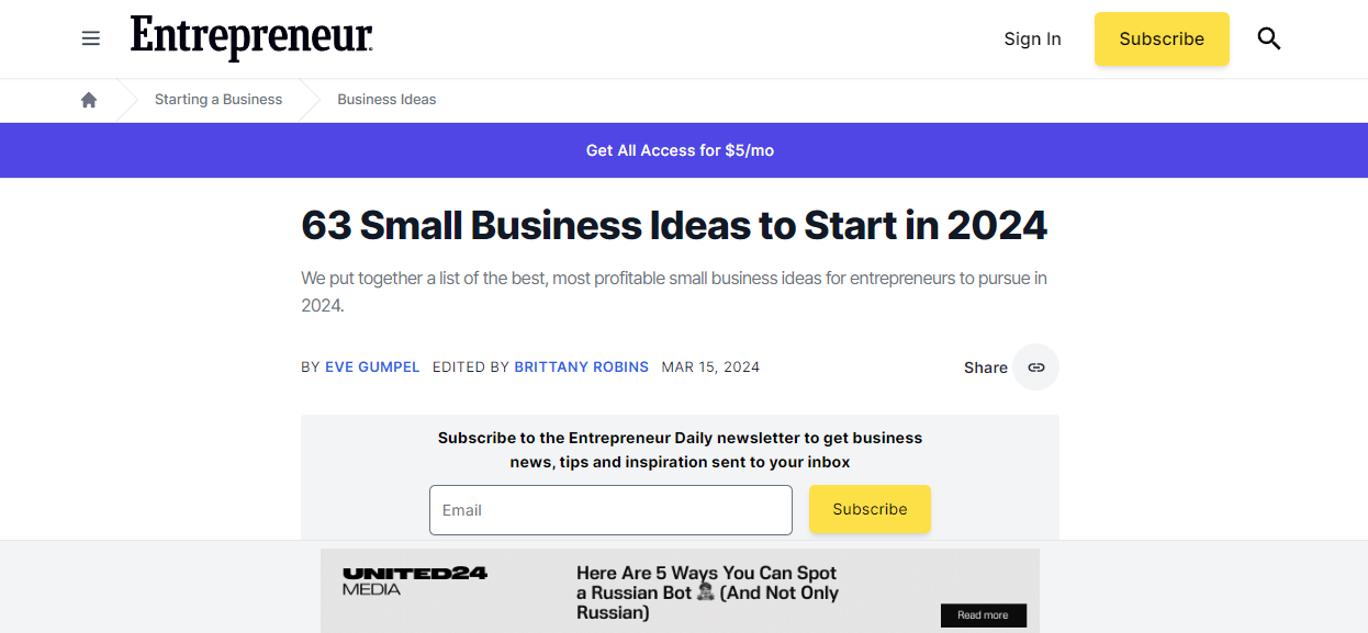 Business blog post from Entrepreneur