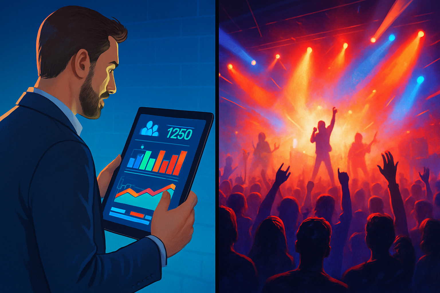 Venue manager analyzing live event data through event management software while a concert is in progress, demonstrating real-time analytics capabilities.