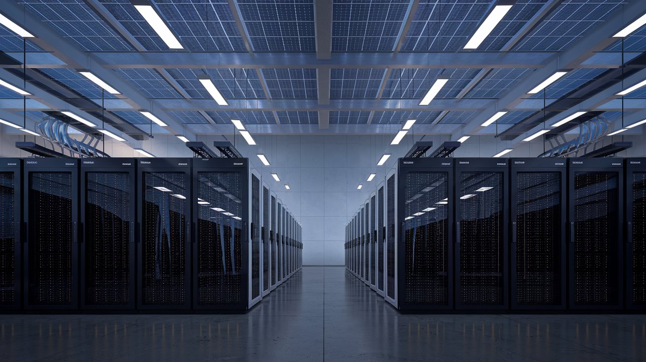 An eco-friendly data center with renewable energy sources and advanced cooling systems, showcasing sustainable features