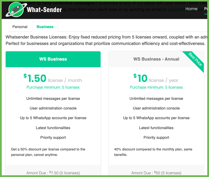 Pricing plans of WhatSender