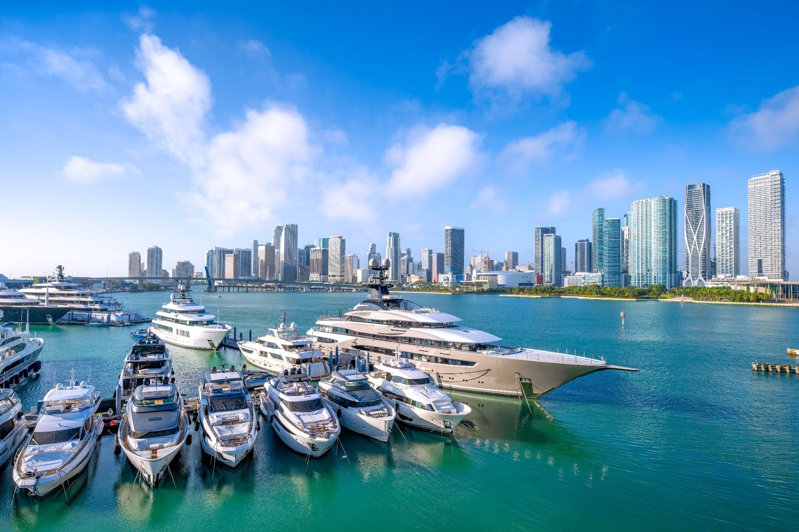 A fleet of luxury yachts docked in a Miami marina with turquoise waters and a backdrop of high-rise buildings under a clear blue sky.