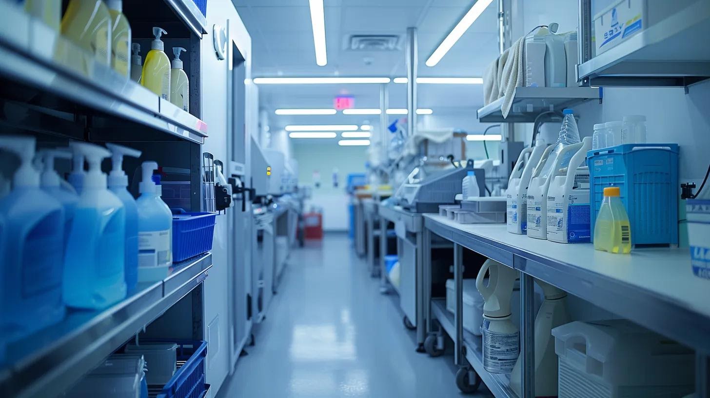 a meticulously organized industrial cleaning setup within an office space, showcasing advanced sanitizing equipment and disinfectant solutions prominently displayed amidst spotless surfaces, emphasizing the thorough process of water damage recovery and microbial prevention.