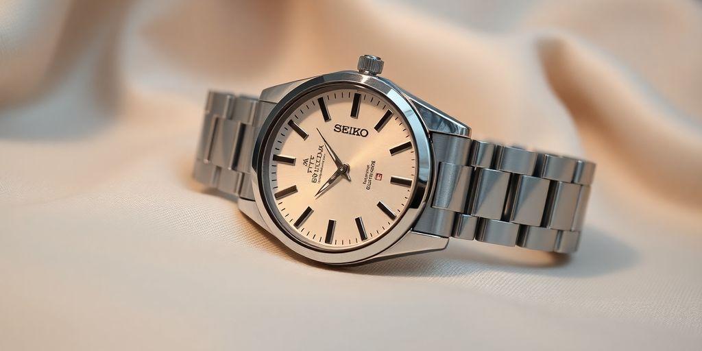 Elegant Seiko watch on soft fabric background.
