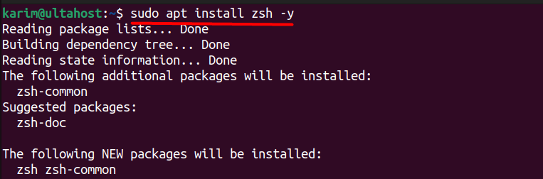 Ubuntu terminal showing Zsh installation command and progress output

