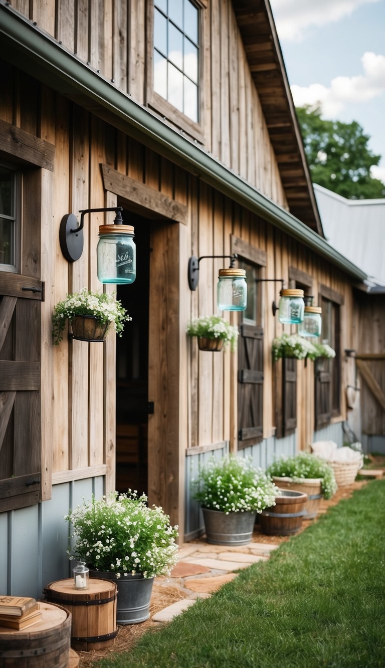 A farmhouse mason jar sconce on a rustic wall. Surrounding barnhouse decor includes wooden accents and vintage touches