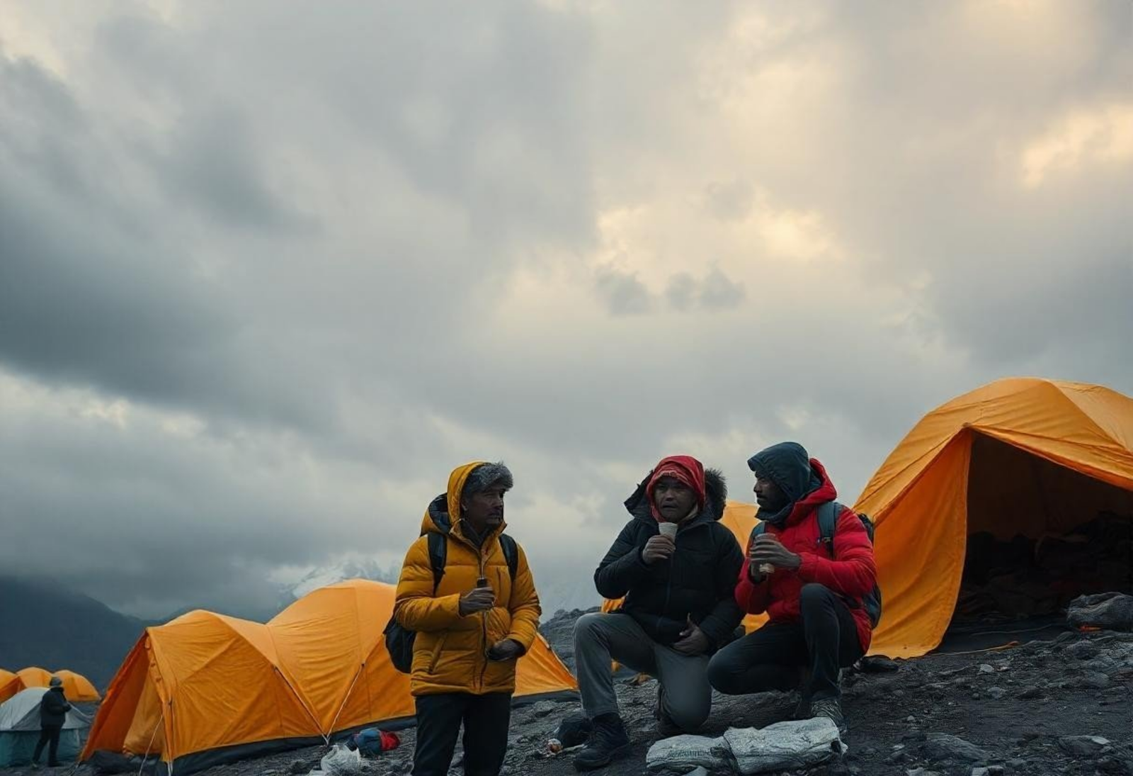 Men warming themselves with tea by the tents