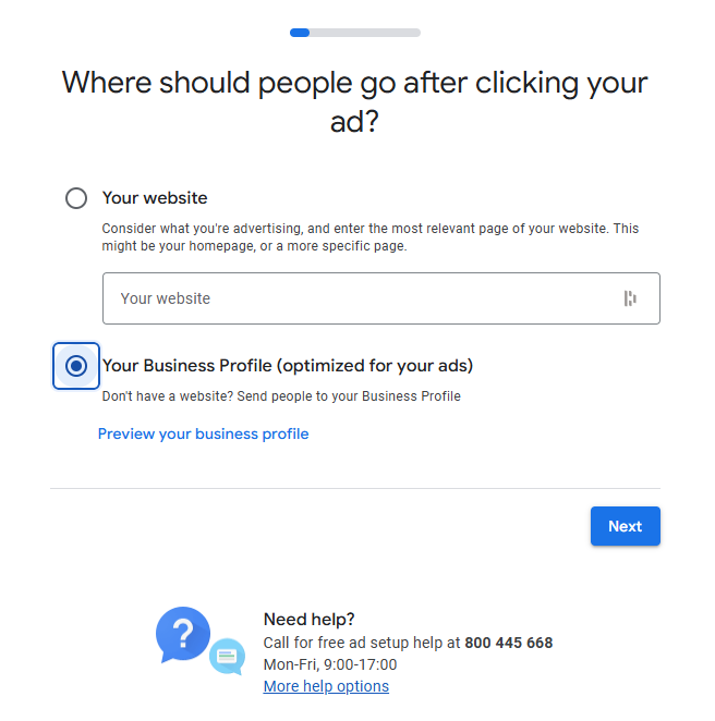Konfiguracja reklamy Google Ads w celu wypromowania Google Moja Firma.
