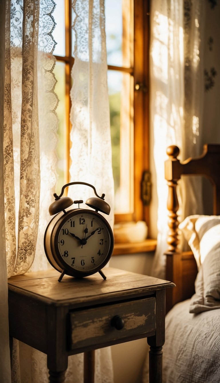 An old-school alarm clock sits on a weathered bedside table in a cozy vintage farmhouse bedroom. Sunlight filters through lace curtains, casting warm shadows on the rustic wooden furniture