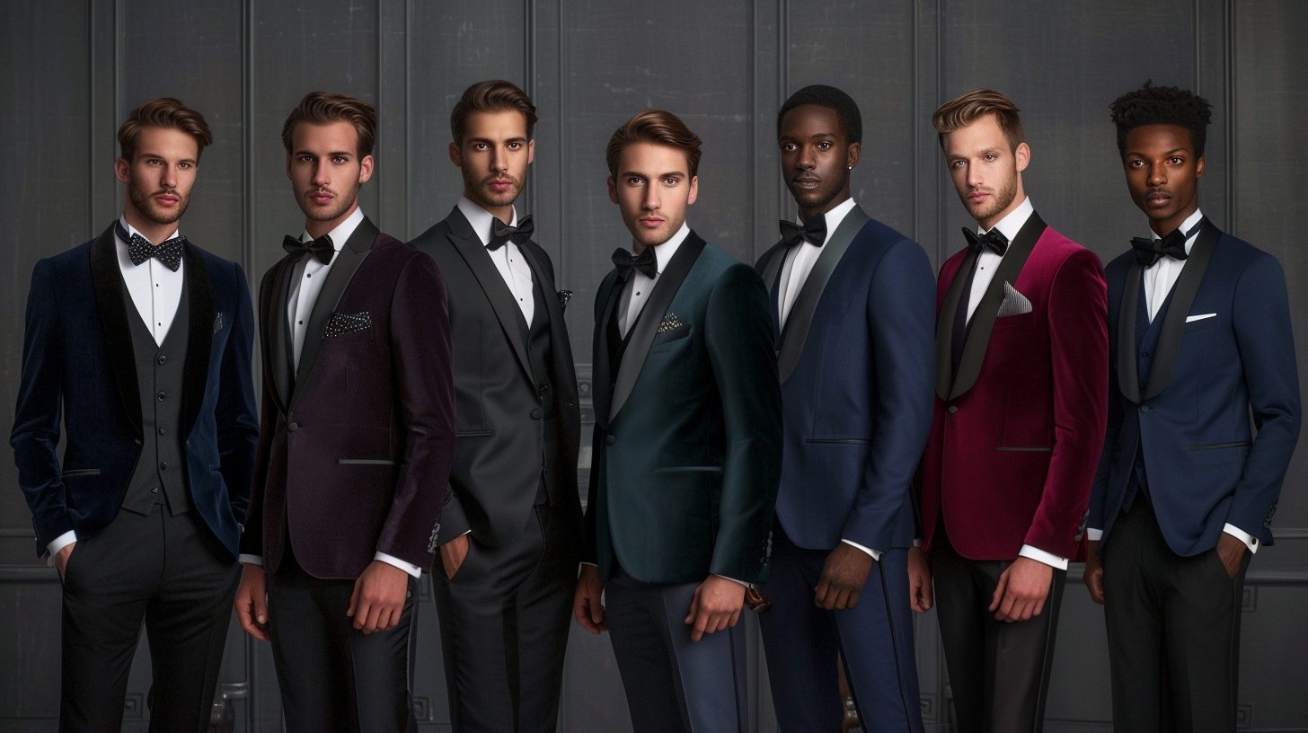 A lineup of stylish men each wearing a different modern tuxedo style: navy tuxedo, dark green tuxedo, slim-fit tuxedo, velvet tuxedo jacket in burgundy, tuxedo with matching vest, blue tuxedo with black satin lapels, and a tuxedo worn without a tie. Elegant wedding or party setting, fashion-forward, diverse models, well-lit scene.