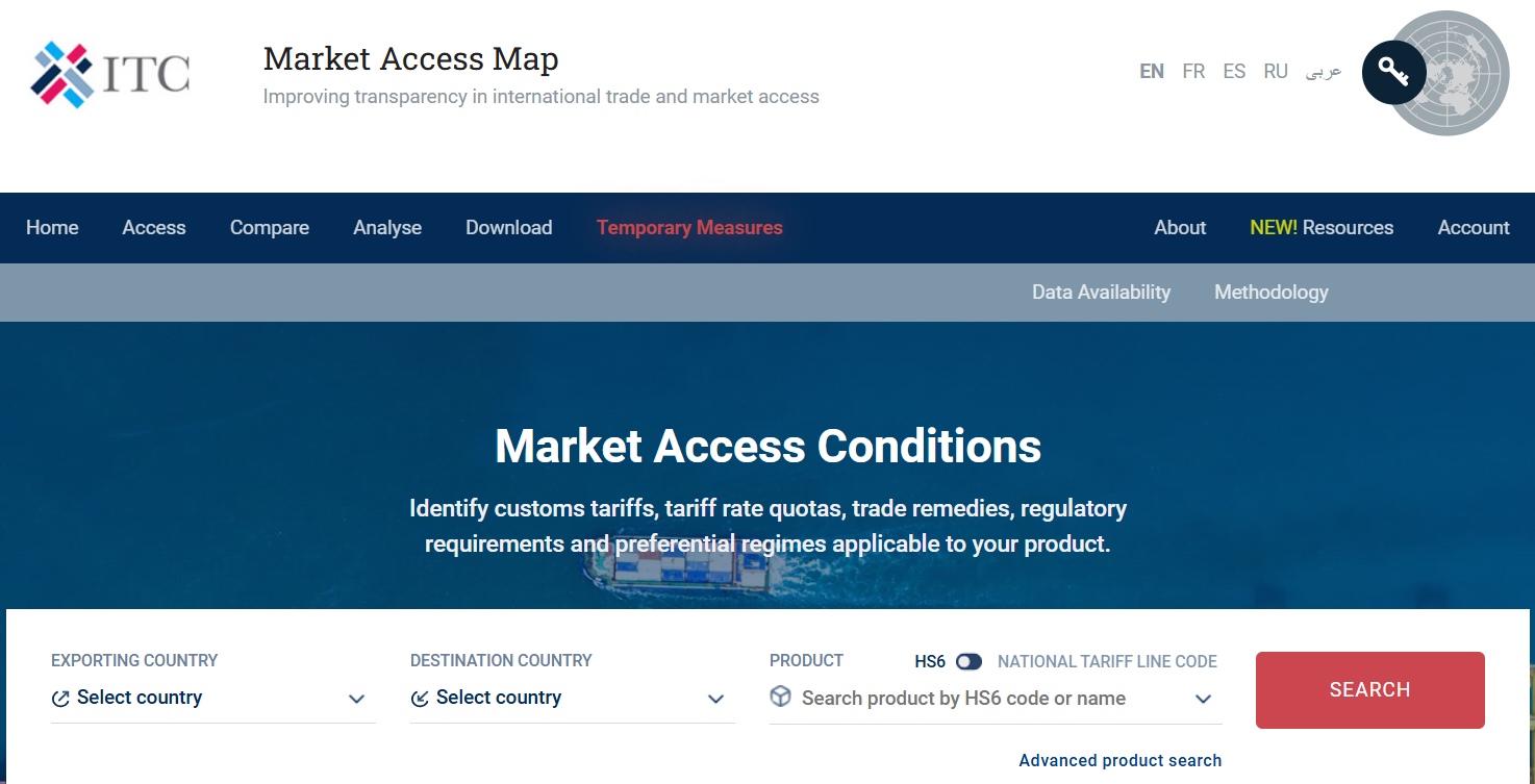 ITC'nin Market Access Map arayüzü. Gümrük tarifeleri, ticaret engelleri ve düzenleyici şartların incelenebileceği ekran yer almakta. Kullanıcıların ürün ve ülke bilgisi girerek arama yapabileceği bir platform. Böylece kullanıcılar pazar analizi yapabilirler.