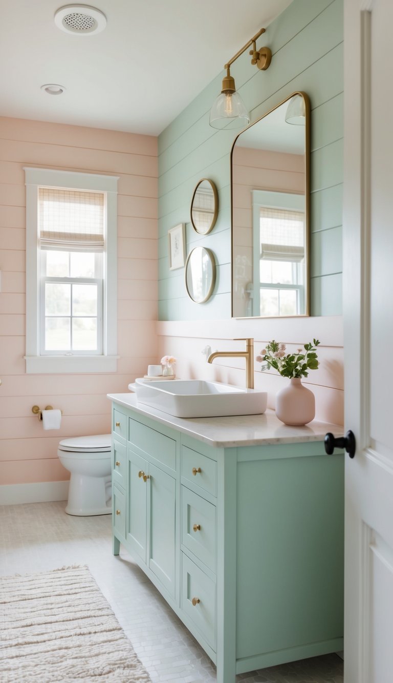 A serene, pastel-colored bathroom with shiplap walls and soft lighting, featuring a variety of design ideas and decor elements