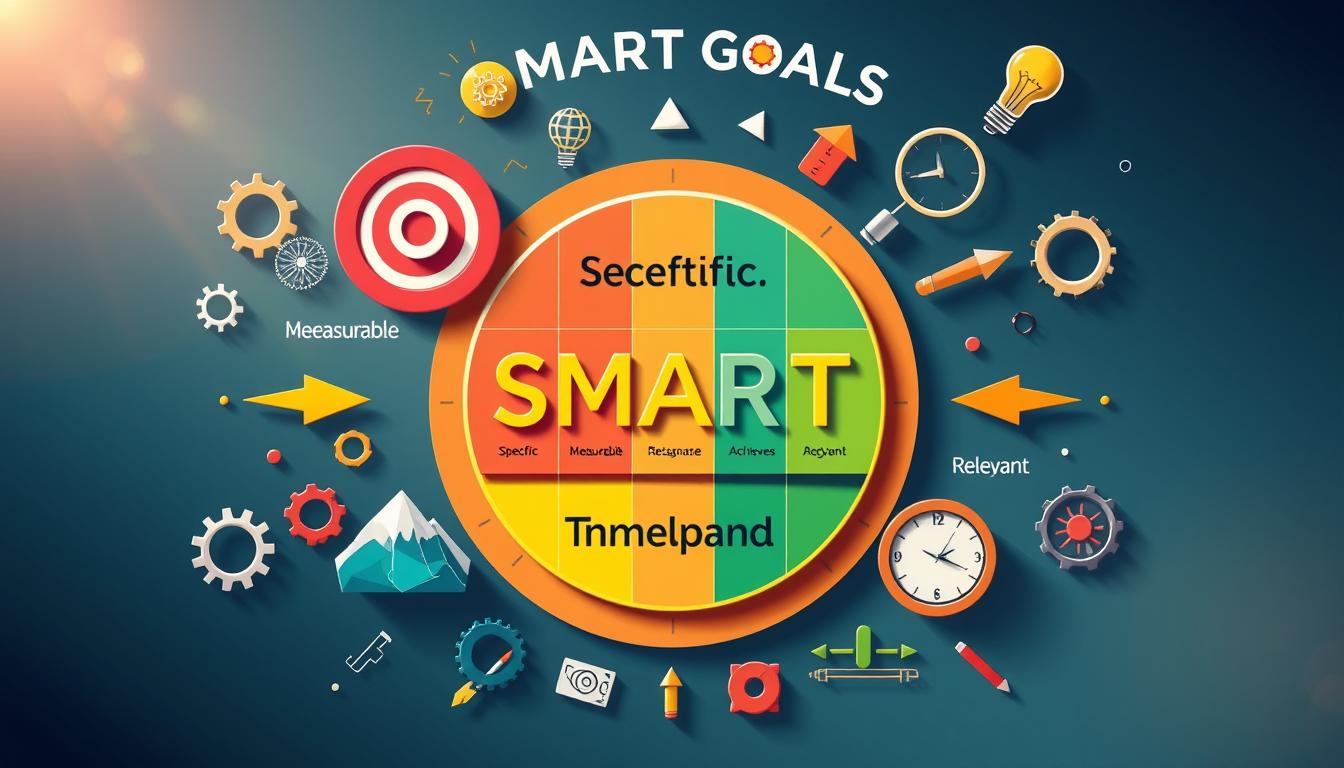 A visually striking representation of SMART goals, featuring a vibrant and colorful chart with five distinct sections: Specific, Measurable, Achievable, Relevant, and Time-bound. Each section is illustrated with symbolic imagery that conveys its meaning, such as a target for Specific, a ruler for Measurable, a mountain for Achievable, a compass for Relevant, and a clock for Time-bound. Surrounding the chart are elements like gears, arrows, and light bulbs to symbolize progress and innovation, all set against a modern and inspiring background.