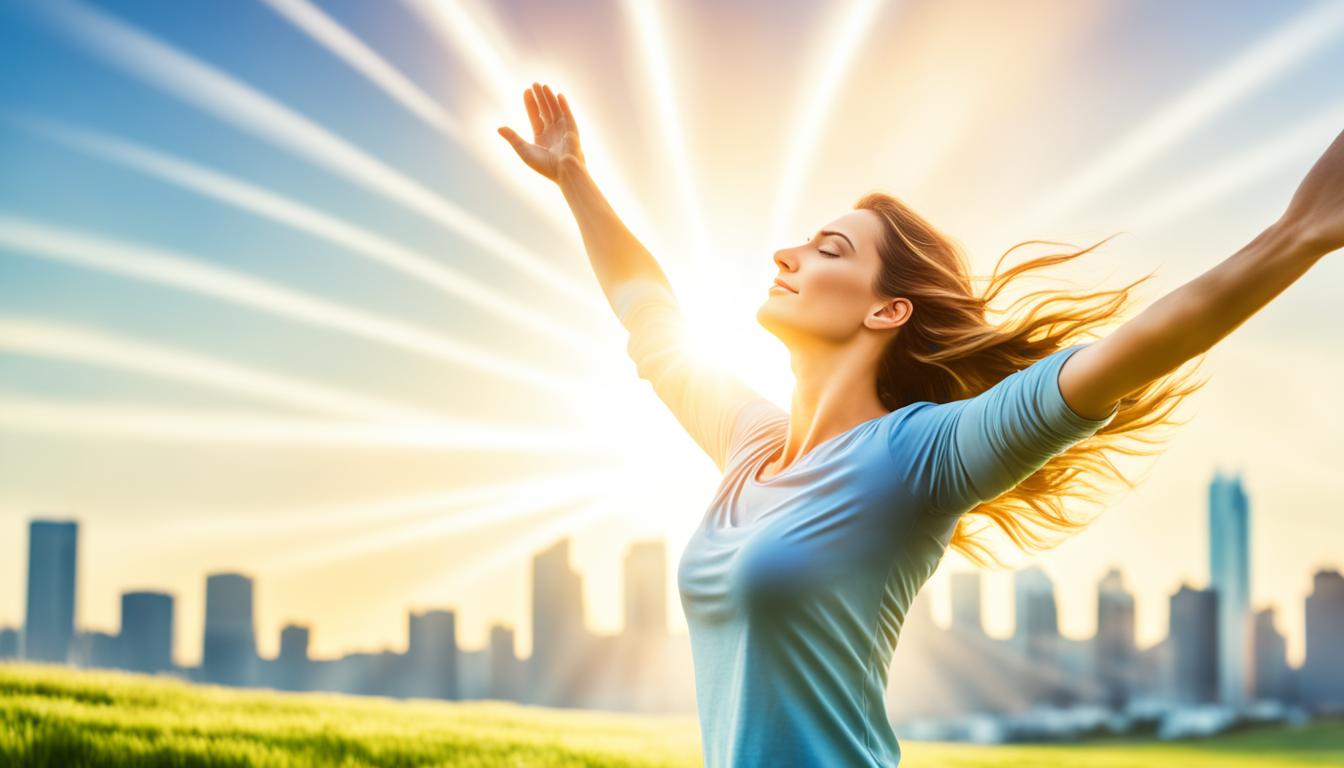 A person standing in a field with arms outstretched, eyes closed, and a look of peaceful surrender on their face. Above them, a beam of light shines down from the sky, illuminating the fields around them. In the distance, there are faint outlines of skyscrapers and city buildings, symbolizing the success that comes from embracing surrender in business. The overall color scheme is warm and inviting, with shades of gold and orange representing abundance and prosperity.