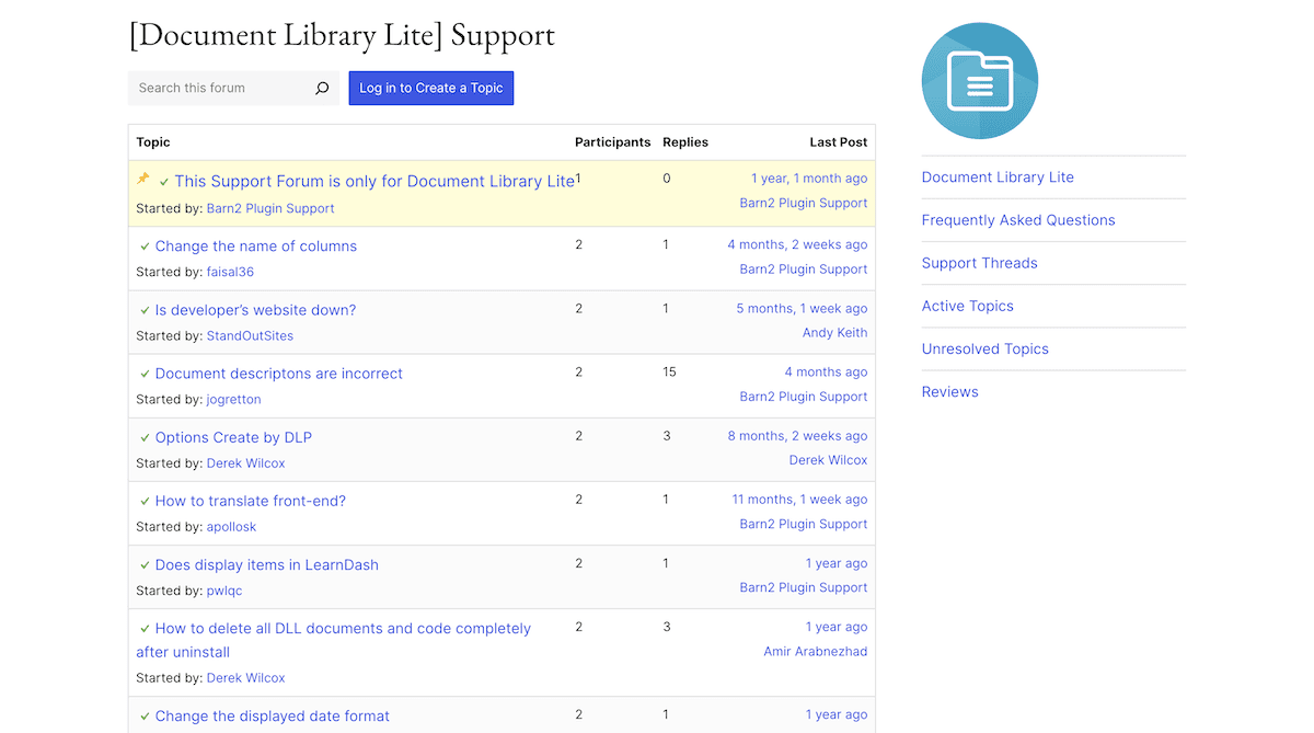 The WordPress.org support pages for a WordPress plugin.