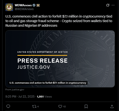 US Targets .1M in Crypto Linked to Oil and Gas Fraud Scheme