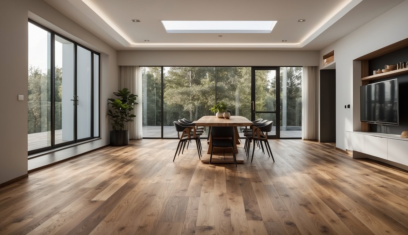 A room with two sections of flooring: one with dryback LVT and the other with click LVT. Show the differences in installation and appearance