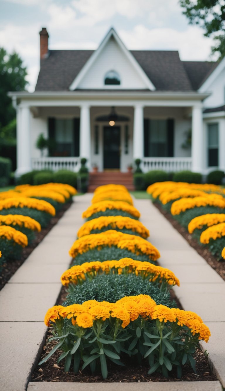 21 marigold flower beds line the front of the house