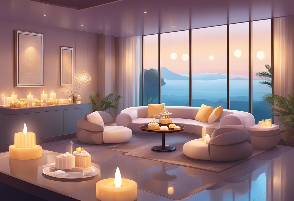 A serene spa room with soft lighting, plush seating, and a table set with champagne and delicate desserts